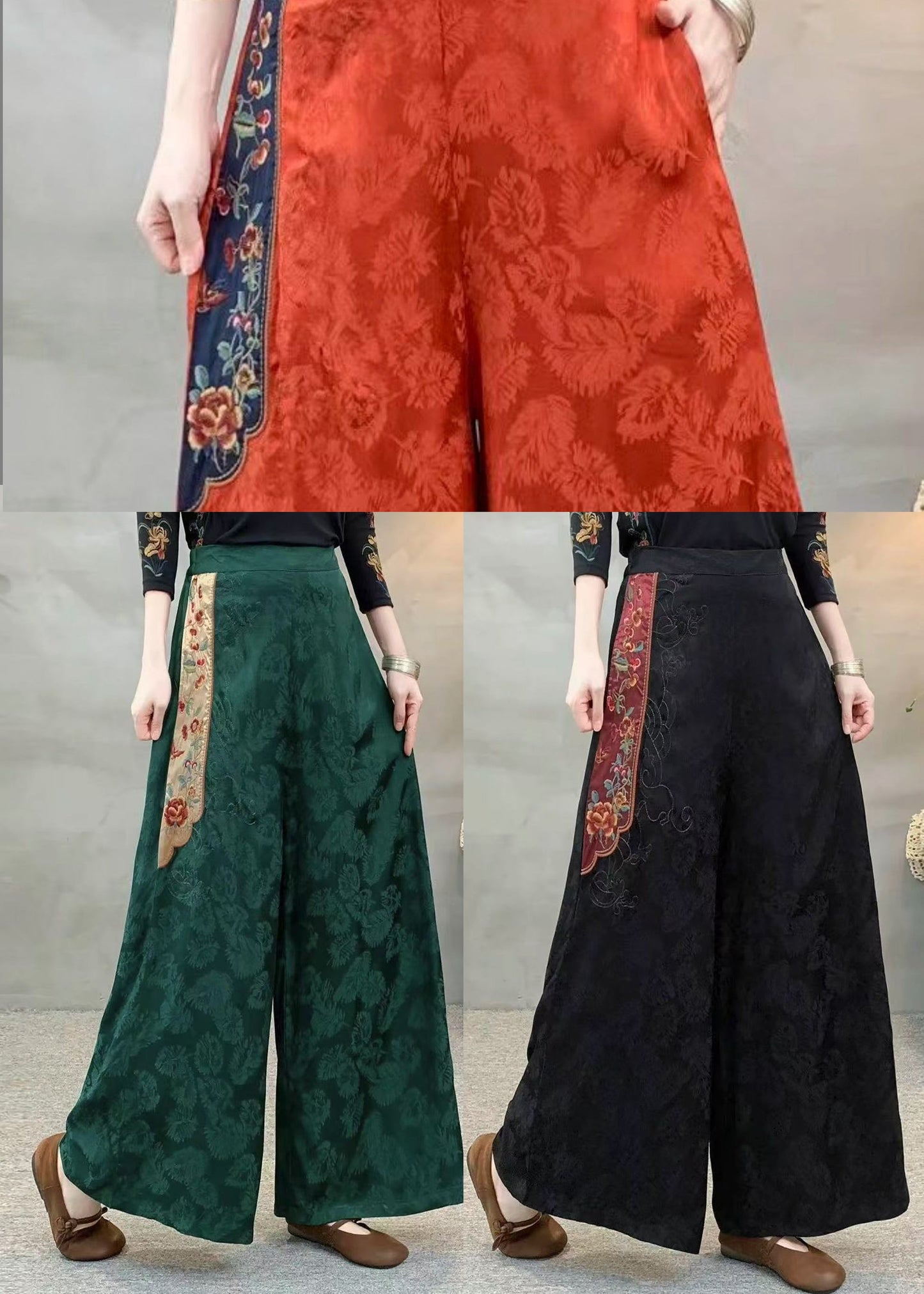 Modern Tea Green Oversized Jacquard Silk Straight Pants Spring