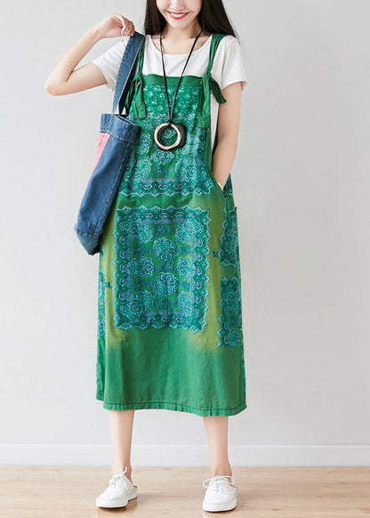 Green Oversized Print Cotton Strap Dress Spring