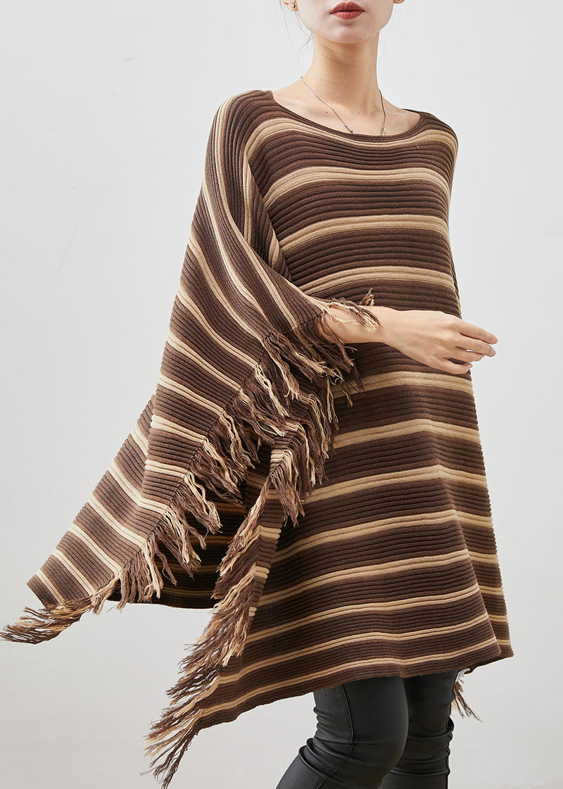 Khaki Striped Tasseled Knit Mini Dresses Spring