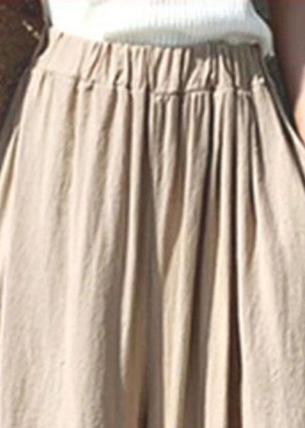 Khaki Elastic Waist Color Cotton Wide Leg Pants Summer