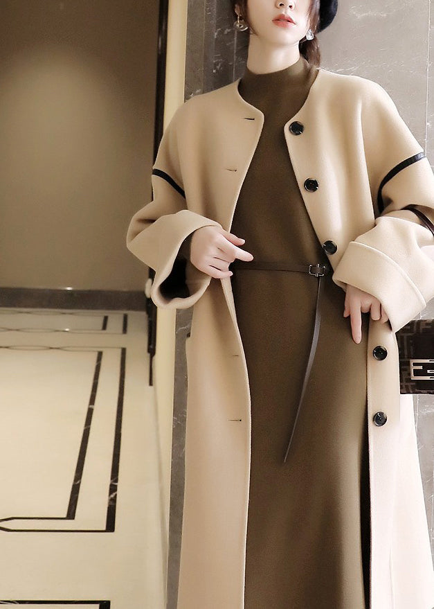Vogue O-neck Pockets Patchwork Button Woolen Trench Coats Long Sleeve