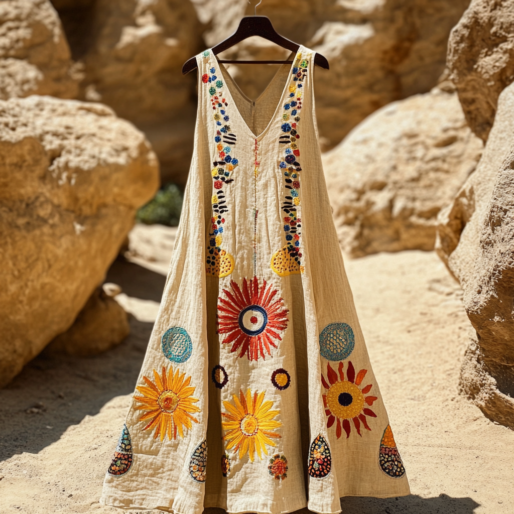 Comstylish Women's Vintage Sun Moon And Stars Cotton And Linen Dress