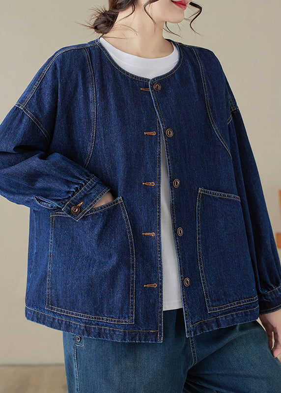 Loose Blue O-neck Pockets Patchwork Denim Coats Long Sleeve Spring
