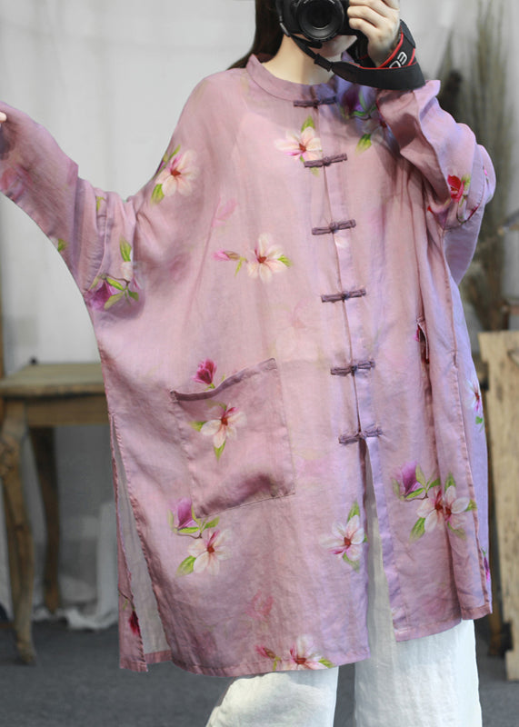 Diy Green Stand Collar Pockets Print Button Linen Coats Long Sleeve