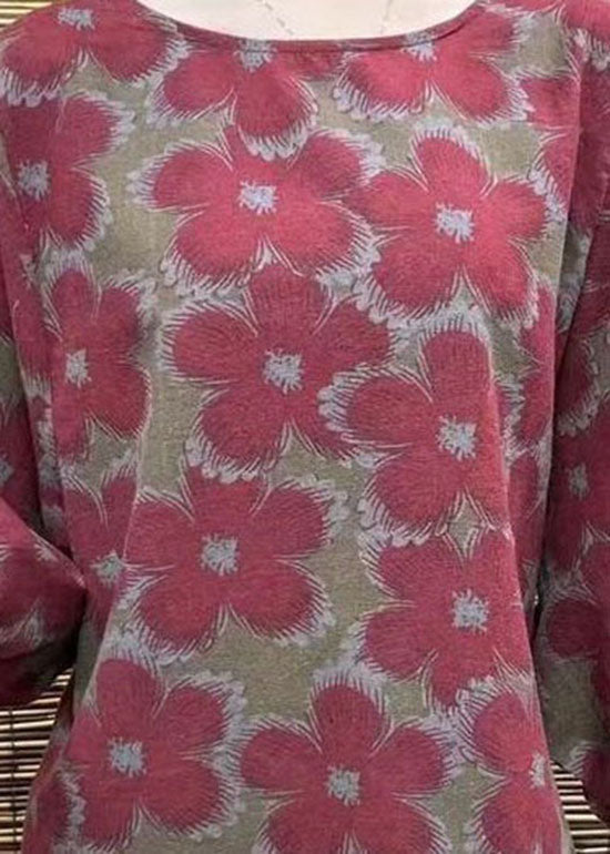 Red O-neck Oversized Print Linen Shirt Bracelet Sleeve