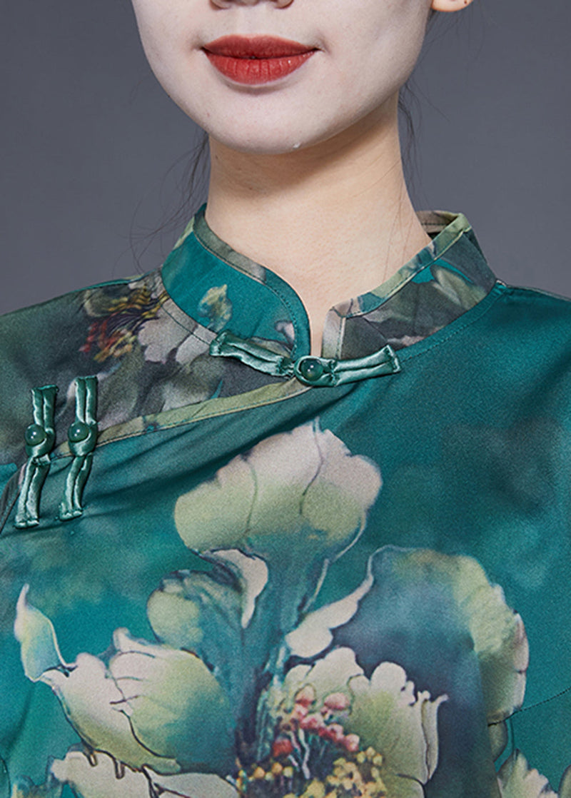 Peacock Green Mandarin Collar Print Silk Top Flare Sleeve