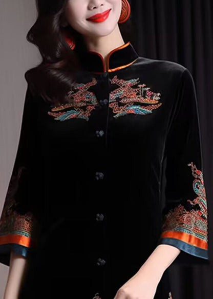 Black Stand Collar Embroideried Button Silk Velour Coats Fall