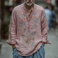 Men's Vintage Floral Embroidery Button-down Linen Shirt artswardrobe