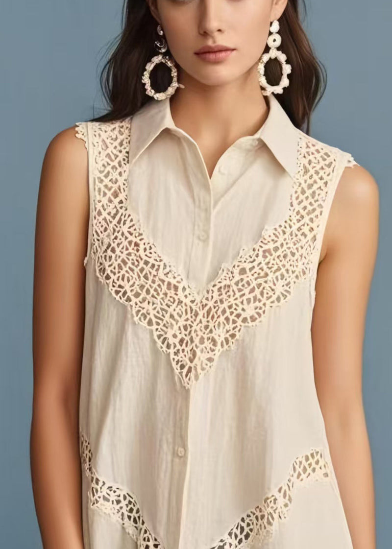 Fine Beige Peter Pan Collar Patchwork Lace Shirt Sleeveless