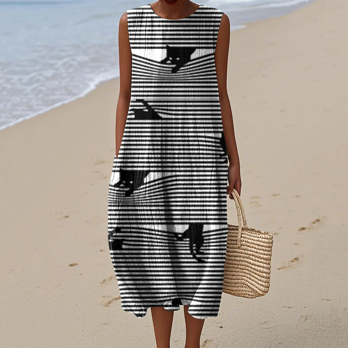 Women's Vintage Black Cats Stripes Art Print Sleeveless Dress elevenforest
