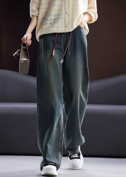 Blue Pockets Patchwork High Waist Cotton Straight Pants Fall