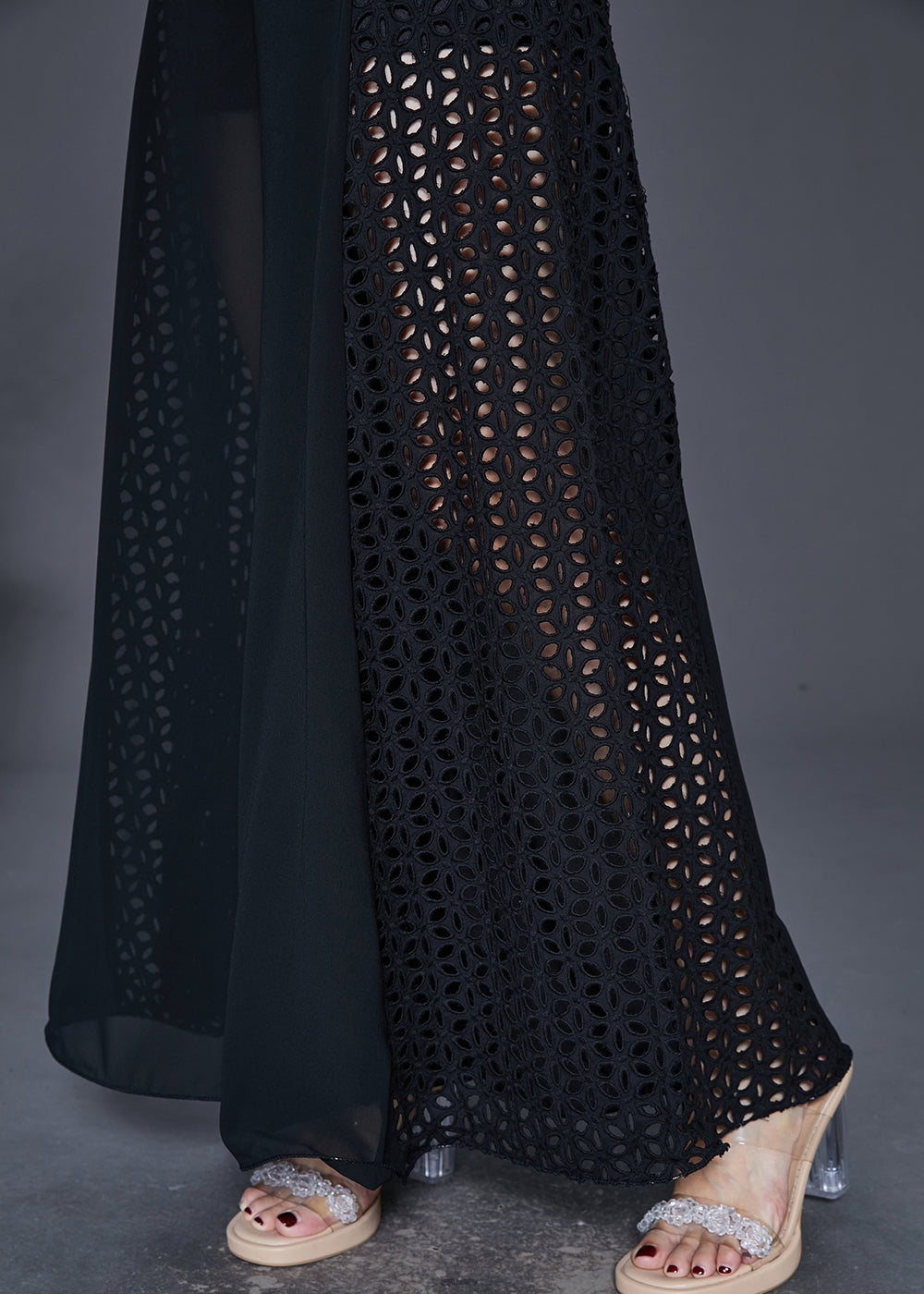 Black Hollow Out Patchwork Chiffon Wide Leg Pants Spring