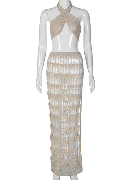 Apricot V-neck Hollow Out Sheer Knit Lingerie Top and Maxi Skirts Swimwear Two Pieces Set