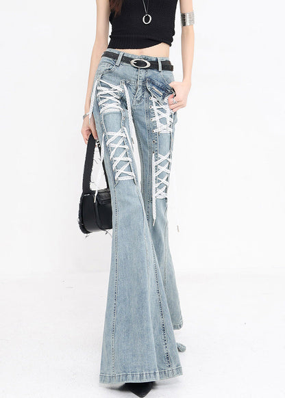 Original Design Blue Lace Up High Waist Denim Flared Trousers Fall