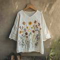 Boho Floral Tribal Embroidery Print Cotton And Linen Blend Loose Blouse artswardrobe