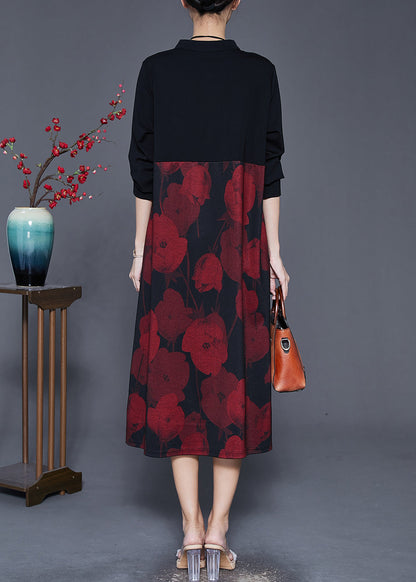 Red Mandarin Collar Print Cotton Holiday Dress Spring