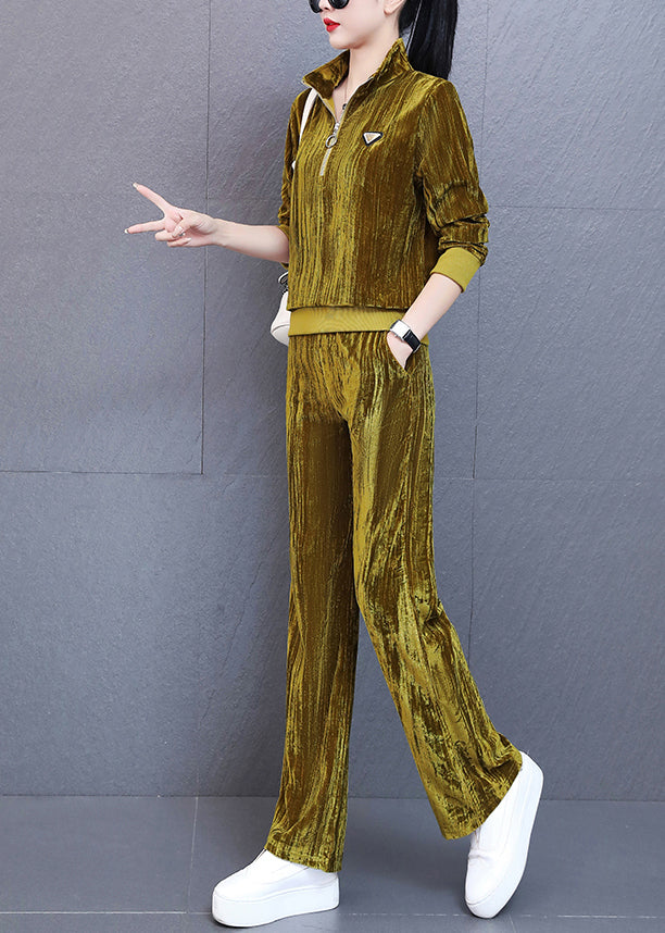 Unique Yellow Stand Collar Silk Velour Coats and Wide Leg Pants Two Piece Set Fall