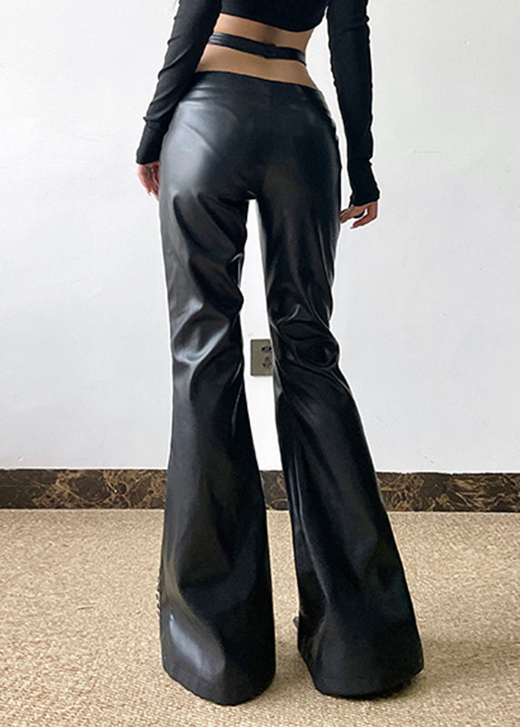 Black Asymmetrical Leopard Patchwork Pu Pants Spring