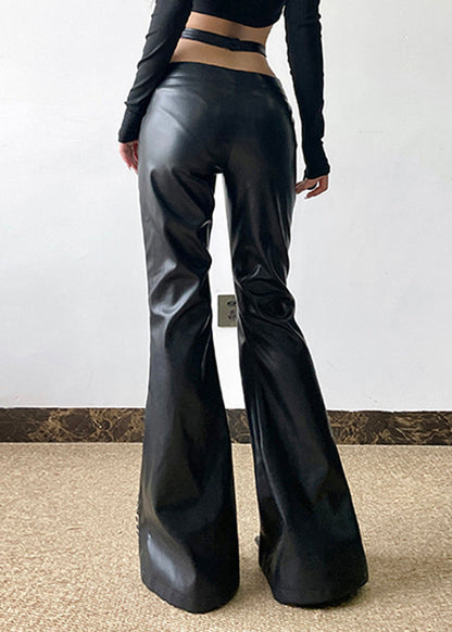 Black Asymmetrical Leopard Patchwork Pu Pants Spring