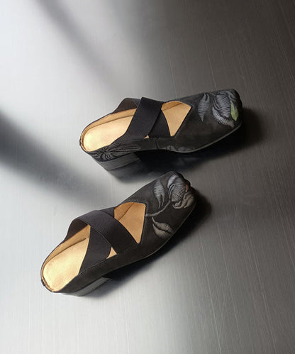 Retro Splicing Chunky Black Cowhide Leather Embossed Slide Sandals