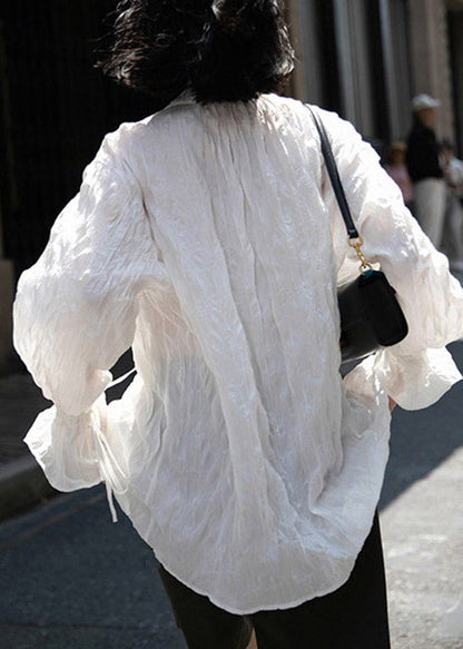 White Peter Pan Collar Wrinkled Neck Tie Button Shirts Long Sleeve