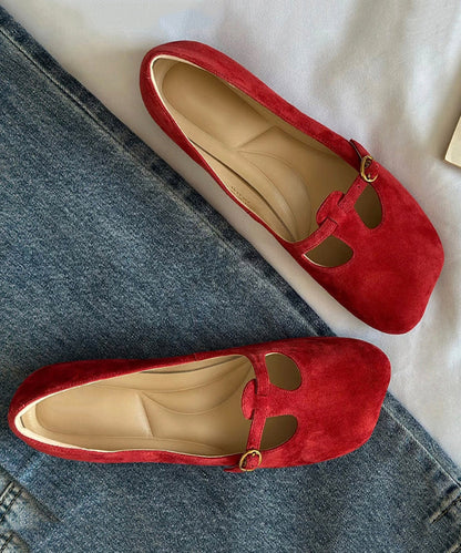 Comfortable Red Suede Splicing Flats Square Toe
