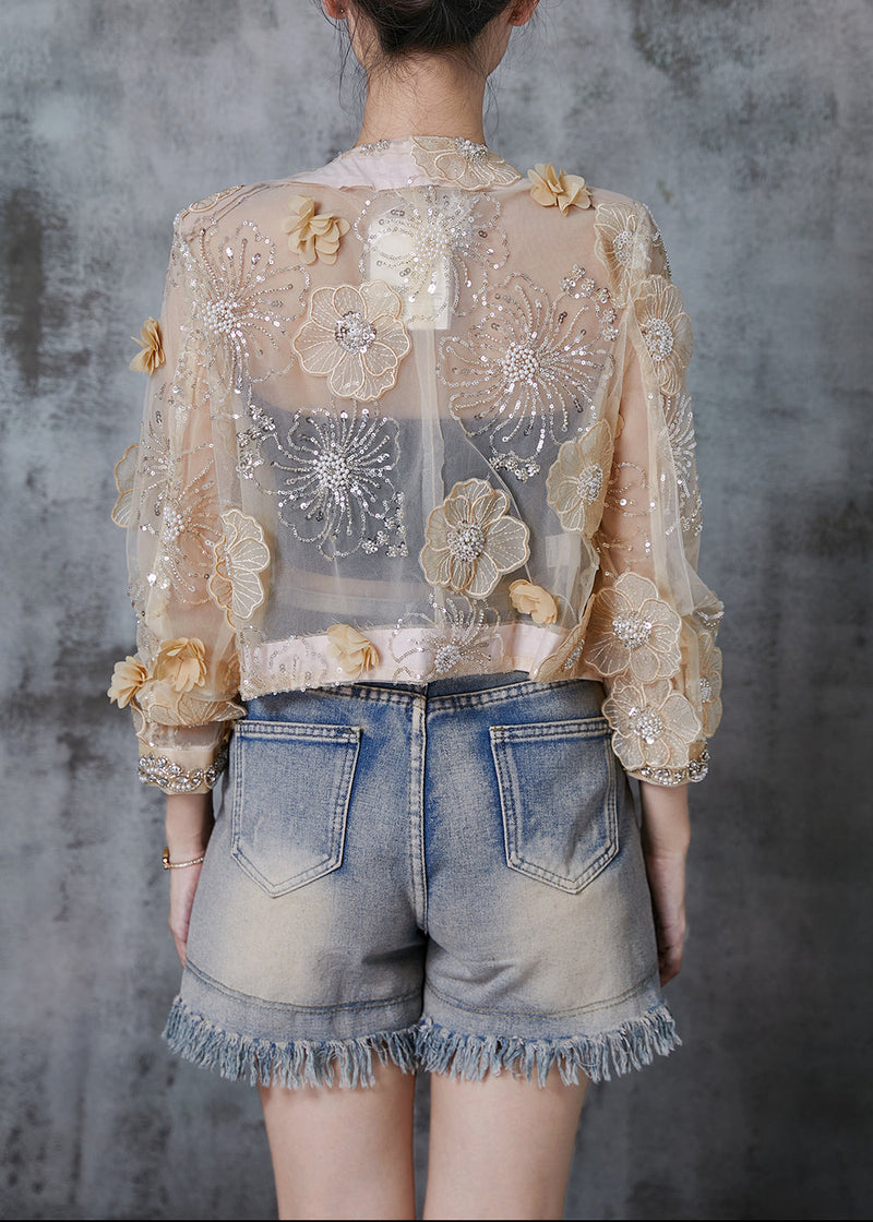 Apricot Organza Upf 50+ Cardigan Sequins Rhinestone Summer