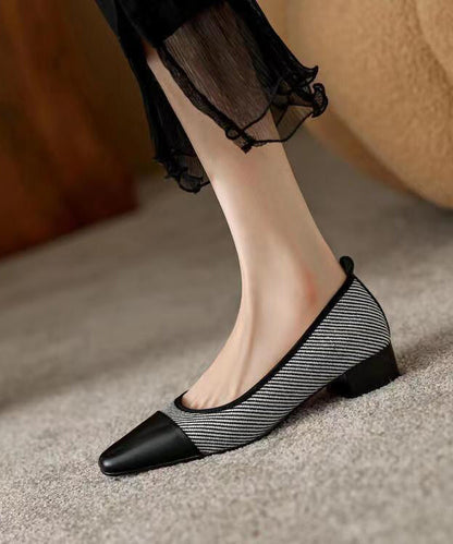 Black Chunky Heel Cowhide Leather Soft Splicing