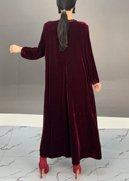 Purple O-neck Wrinkled Silk Velour Maxi Dresses Winter