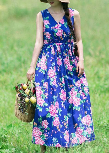 Diy Summer Sleeveless Clothes Work Blue Print Dresses