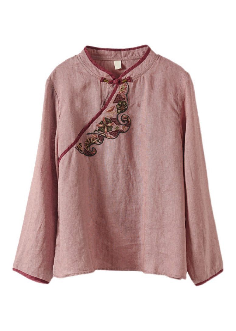 Green Stand Collar Embroideried Button Linen Shirt Long Sleeve