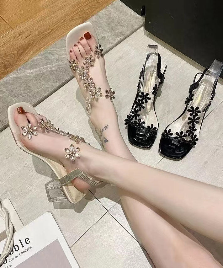 Beige Crystal Splicing Chunky Heel Sandals Peep Toe