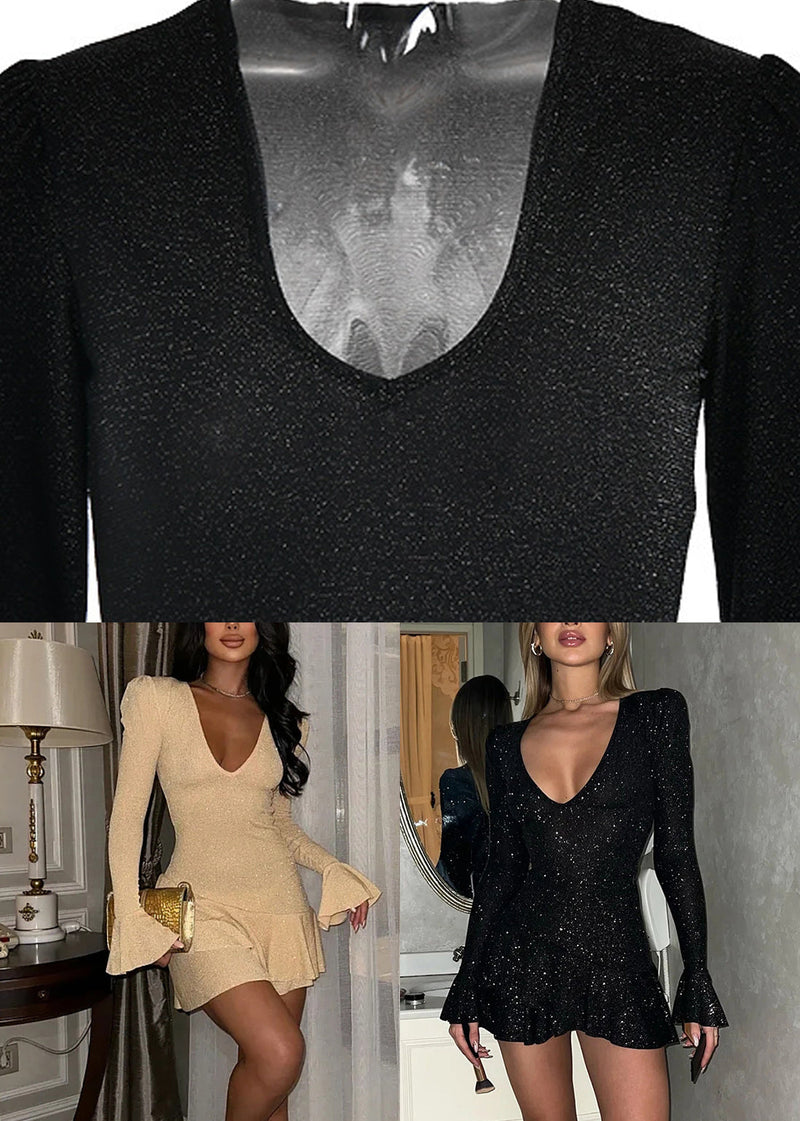 Italian New Black V Neck Silk Mid Dress Spring