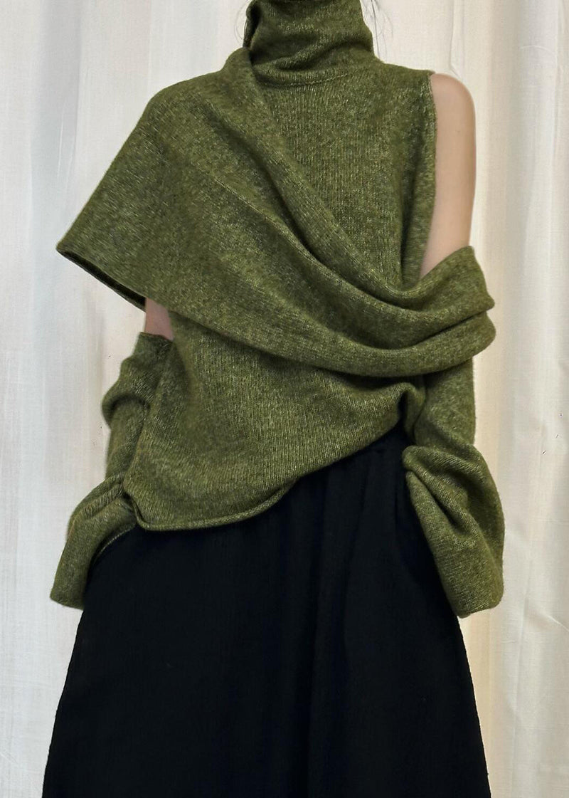 Green Asymmetrical Knit Sweater Turtleneck Winter