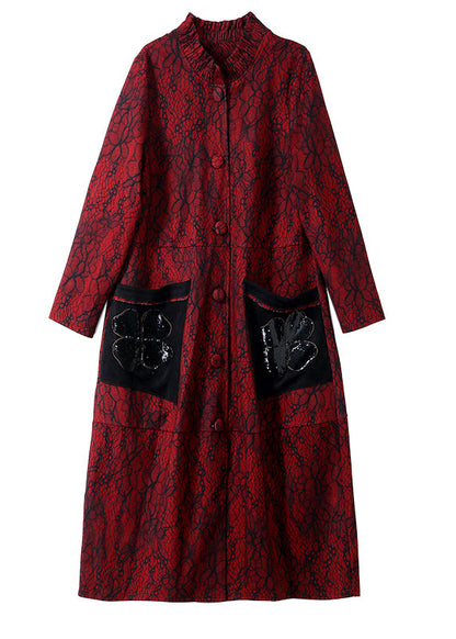 Red Stand Collar Print Long Trench Coats Spring