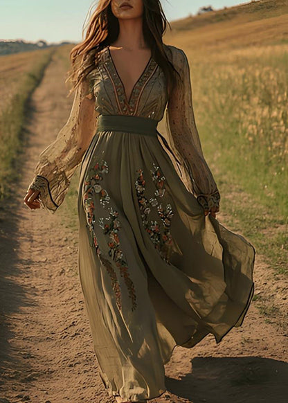 Green V Neck Print Cotton Maxi Dresses Spring