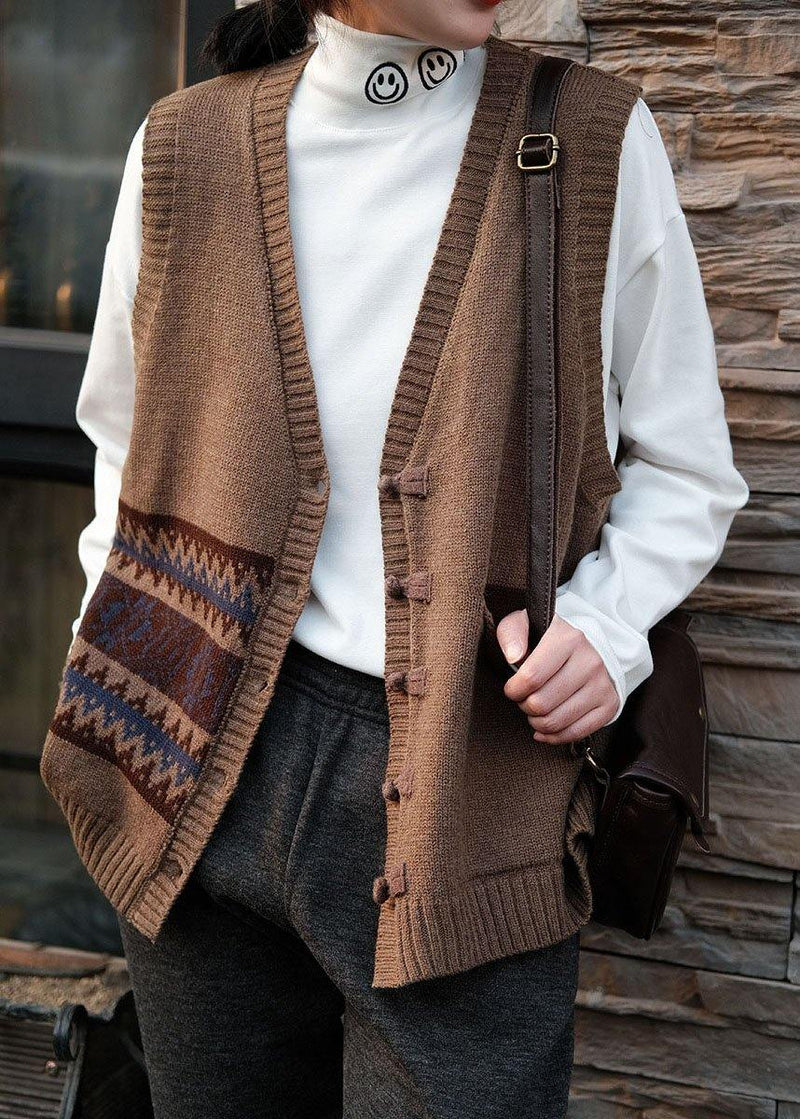 Chocolate V Neck Button Fall Pockets Sleeveless Waistcoat