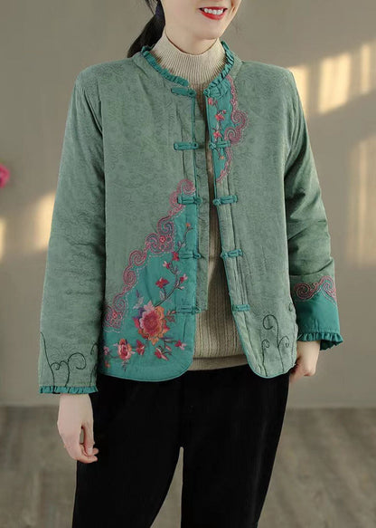 Green Ruffled Embroideried Fine Cotton Filled Coats Spring