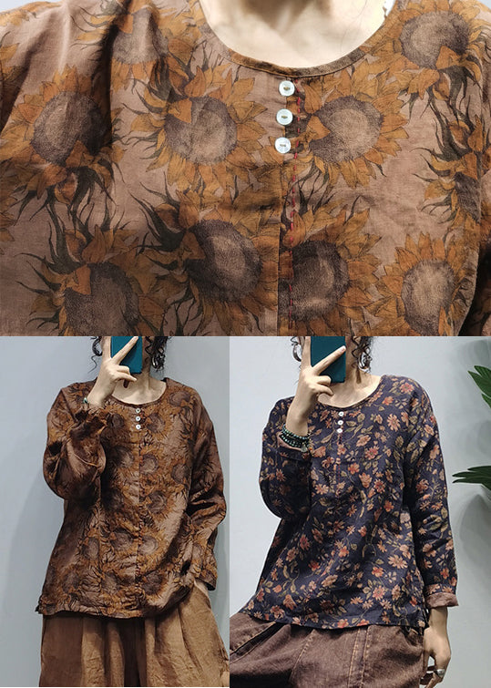 Retro Black O-neck Print Linen Shirt Tops Long Sleeve