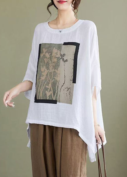 White Print Low High Design Cotton Blouses Bracelet Sleeve