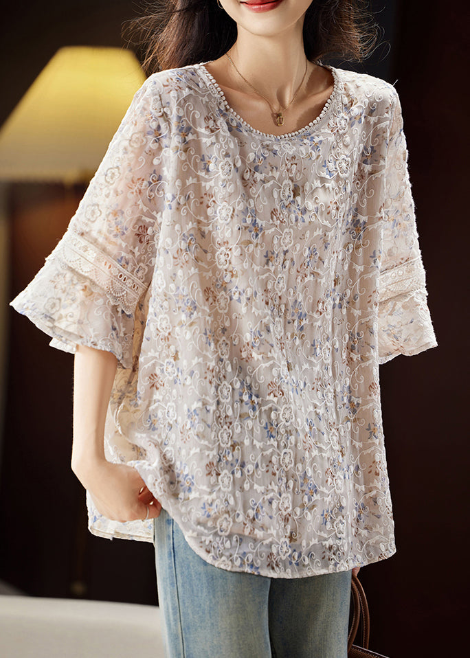 Light Coffee O-neck Embroidered Shirts Butterfly Sleeve