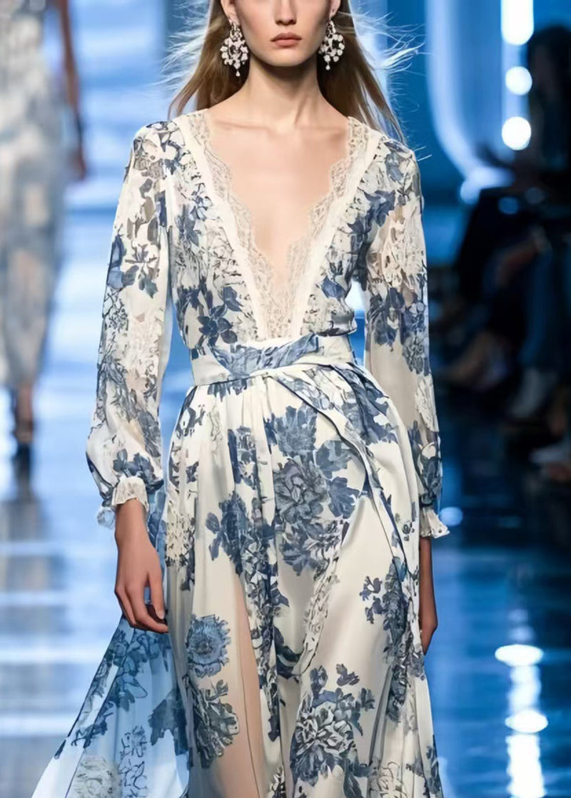 Blue Print Draping Silk Vacation Dresses Summer