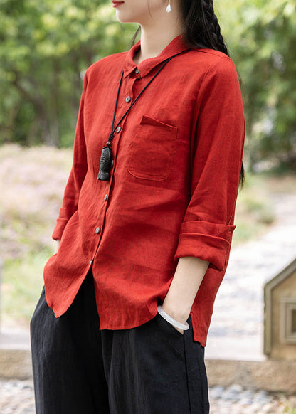 Red Peter Pan Collar Pockets Shirts Spring
