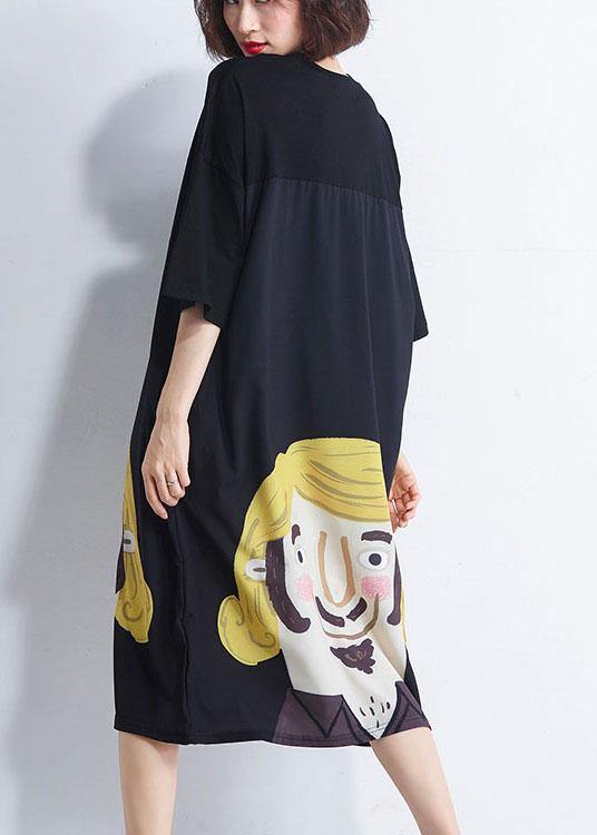 Black Patchwork Character Summer Maxi Dresses Half Sleeve