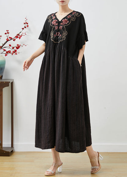 Black Embroidered Patchwork Cotton Long Dress Summer