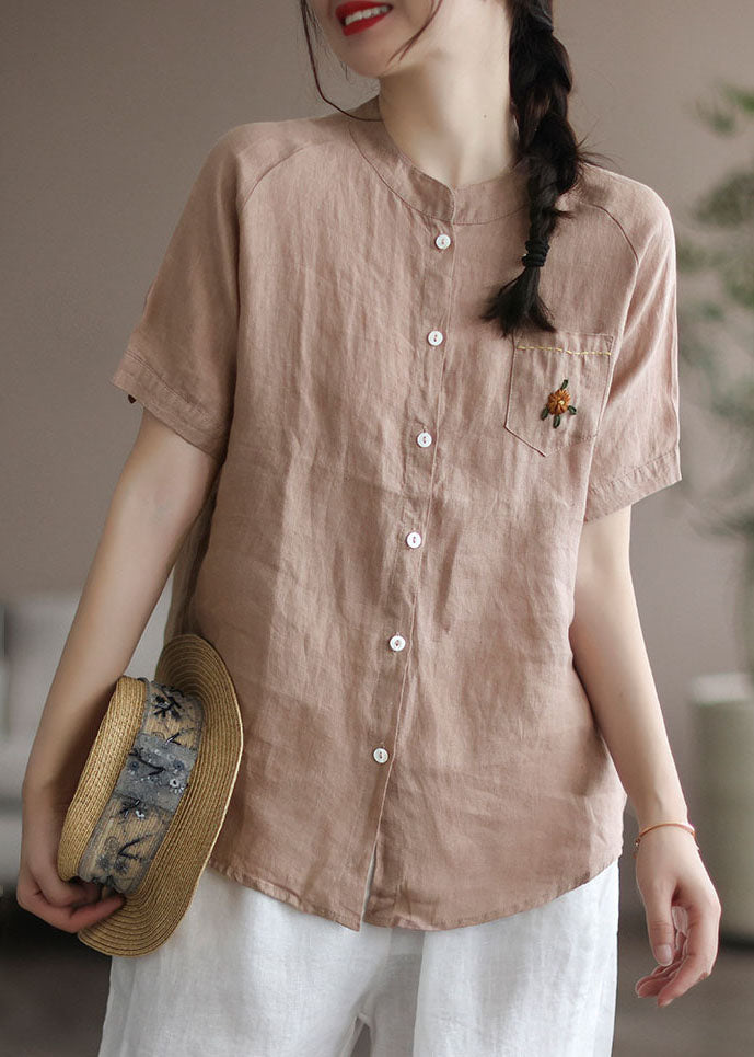 Khaki Loose Linen Shirt Top Embroideried Button Short Sleeve