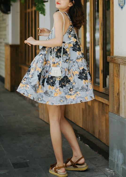 Handmade Grey Print Embroideried V Neck Summer Chiffon Sundress Sleeveless