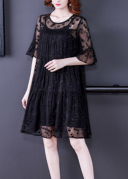 Fine Black O-neck Embroideried Wrinkled Tulle Dress Two Pieces Set Summer