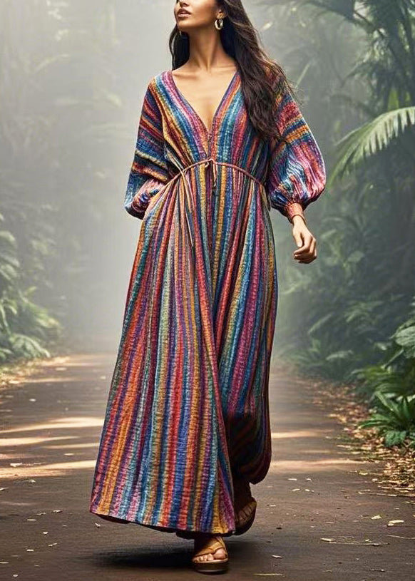 Diy Colorblock V Neck Striped Cotton Vacation Dress Spring