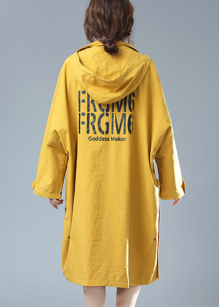 Yellow Hooded Print Pockets Patchwork Cotton Trench Coat Fall